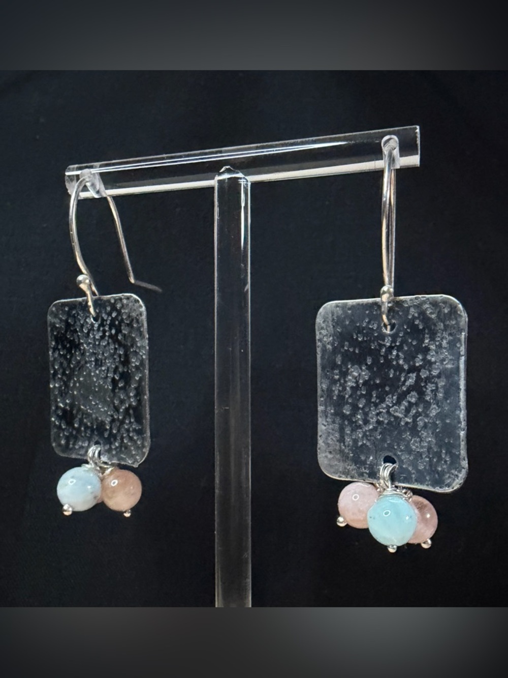 Sterling Silver Aquamarine and Rose Quartz Artisan Hand Crafted Dangle Earrings - Picture 9 of 9